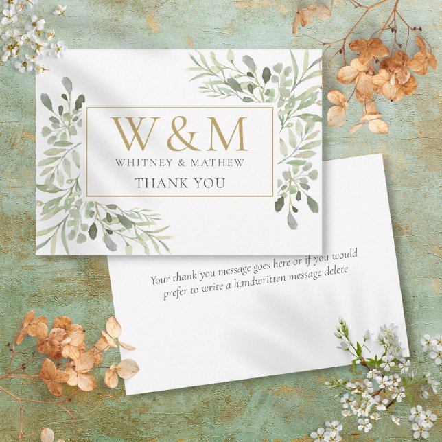 Carte De Remerciements Monogramme doré de verdure élégante (Gold Monogram Greenery Elegant Thank You Card)