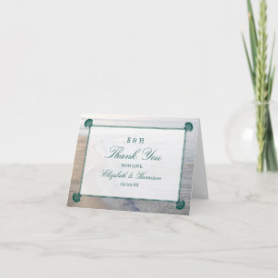 Carte De Remerciements Monogramme élégant et mariage Turquoise sur la pla