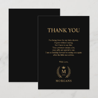 Carte De Remerciements Monogramme élégant noir et or