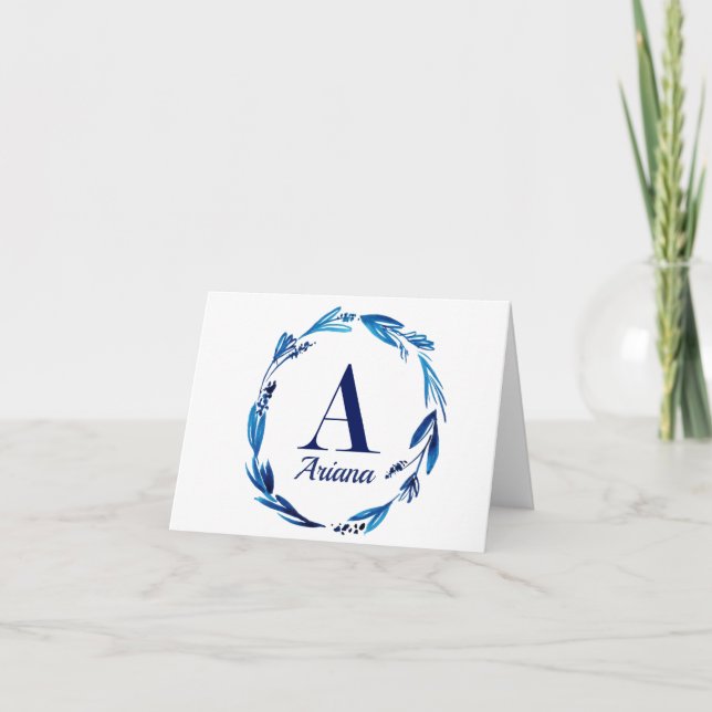 Carte De Remerciements Monogramme floral bleu 'A' (Devant)