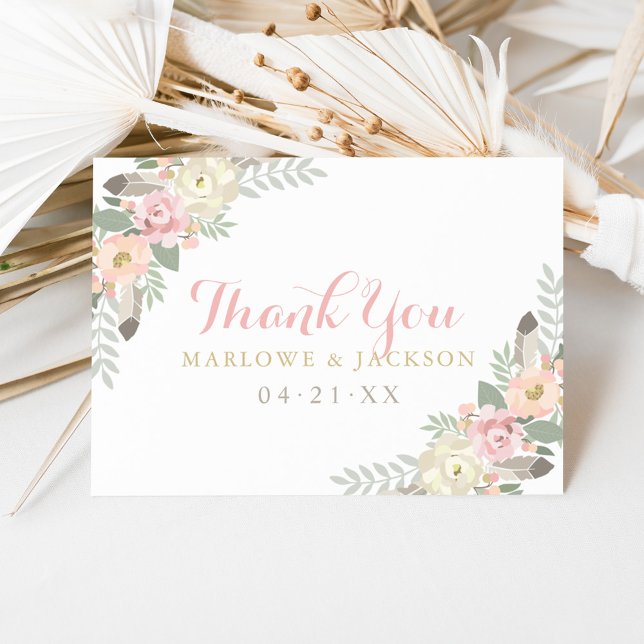 Carte De Remerciements Monogramme Mariage rose et or Floral Boho (Créateur téléchargé)