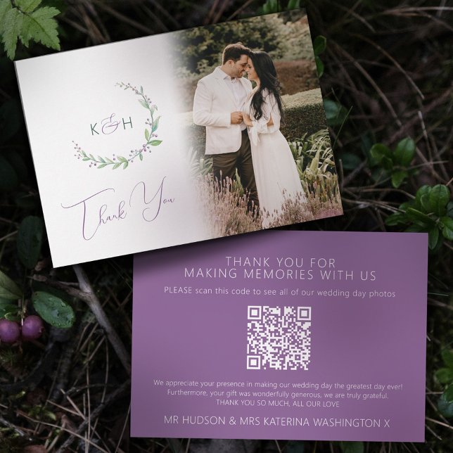 Carte De Remerciements Monogramme vert mauve baies mariage photo QR Code (Créateur téléchargé)