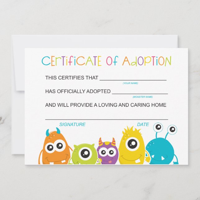 Carte De Remerciements Monster Anniversaire Party Adopter un Monster Adop (Devant)