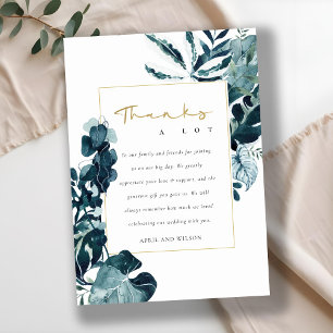 CARTE DE REMERCIEMENTS MONSTERA TROPICAL MODERNE FEUILLES BLEUES MARIAGE