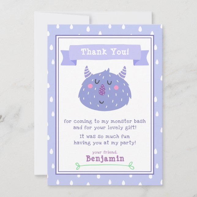 Carte De Remerciements Monstre mou pourpre | Monster Bash Anniversaire de (Devant)