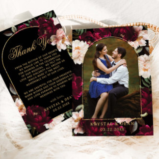 Carte De Remerciements Moody Burgundy Blush Black Floral Wedding Photo