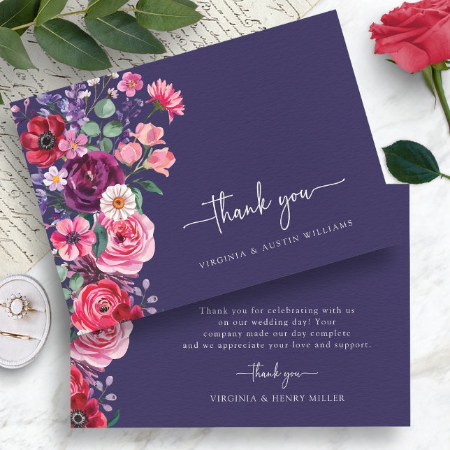 Carte De Remerciements Moody Floral Mariage (Moody Navy Blue Watercolor Floral Wedding Thank You Card by Painted Paperie
)