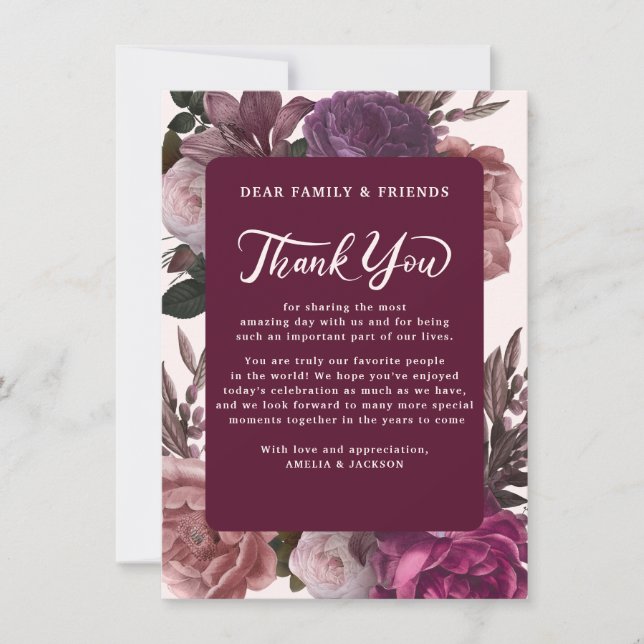 Carte De Remerciements Moody foncé bordeaux et violet Mariage floral (Devant)