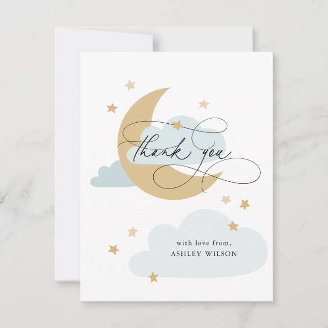 Carte De Remerciements Moon and Stars Matte Blue Script Baby Shower (Devant)