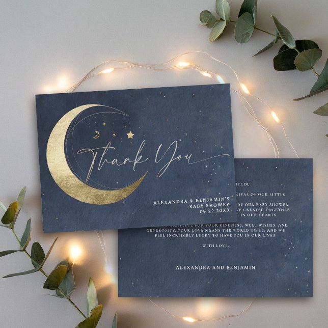 Carte De Remerciements Moon Stars Starry Night Twinkle Navy Baby Shower (over the moon baby shower thank you navy blue gold stars mobile celestial twinkle starry night)