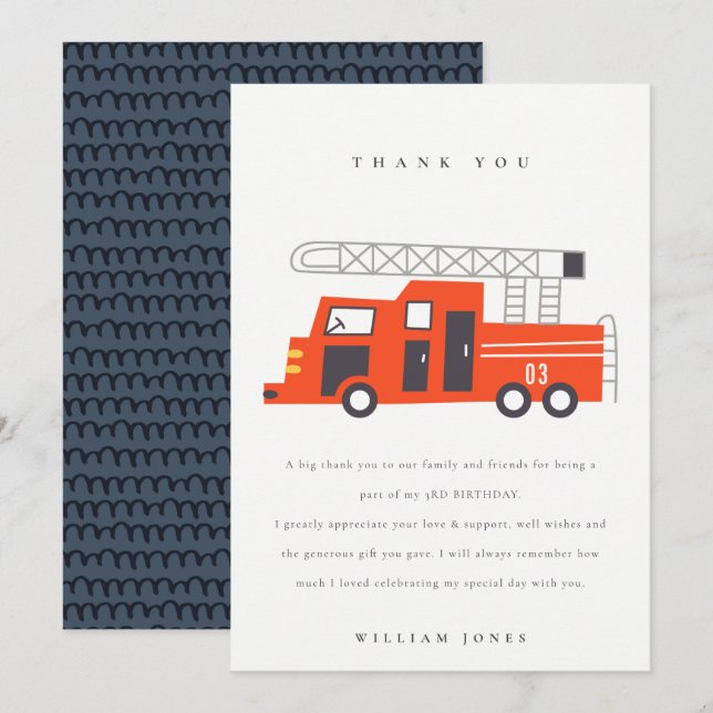 Carte De Remerciements Moteur de camion de pompiers rouge mignon Annivers (Devant / Derrière)