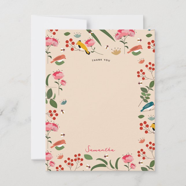 Carte De Remerciements Motif botanique de fleurs et d'oiseaux dessinés à  (Devant)