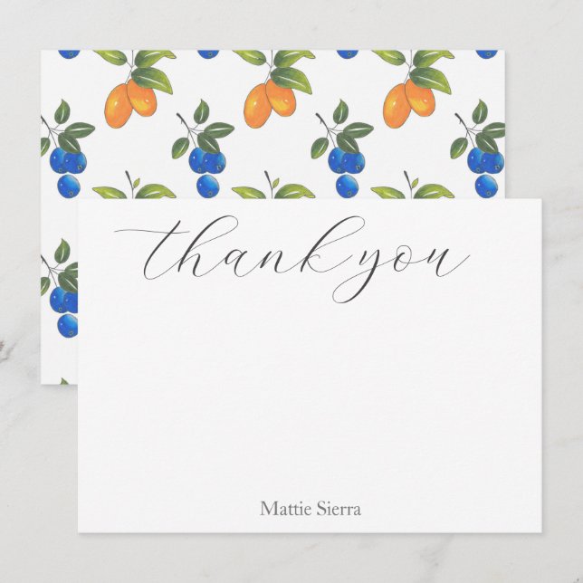 Carte De Remerciements Motif de bleuets et de kumquats dessinés à la main (Devant / Derrière)