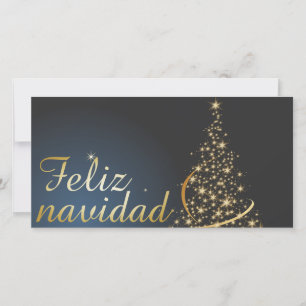 Carte De Remerciements Motif de Noël bleu avec arbre de Noël doré.