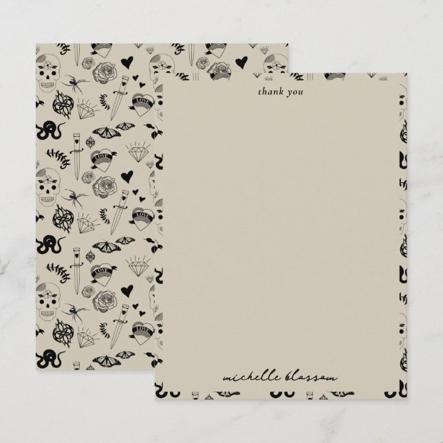 Carte De Remerciements Motif de tatouage à main noir et beige (Devant / Derrière)