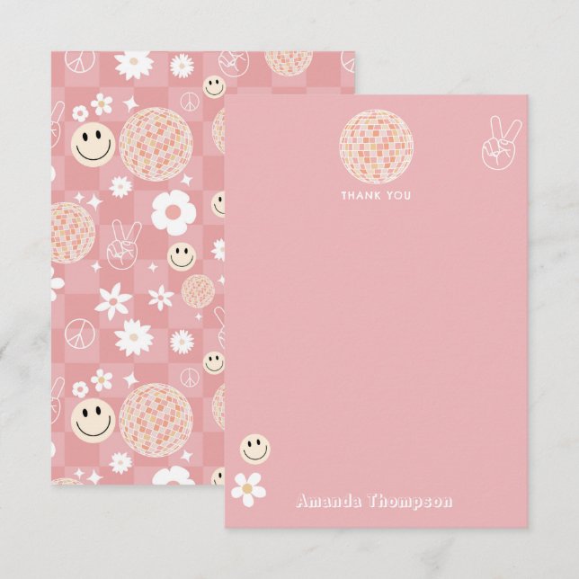 Carte De Remerciements Motif hippie Super rose rétro À damiers (Devant / Derrière)