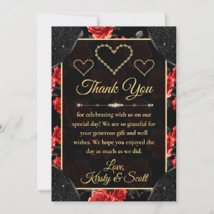 Carte De Remerciements Motif noir et rouge rose et Mariage de diamants or