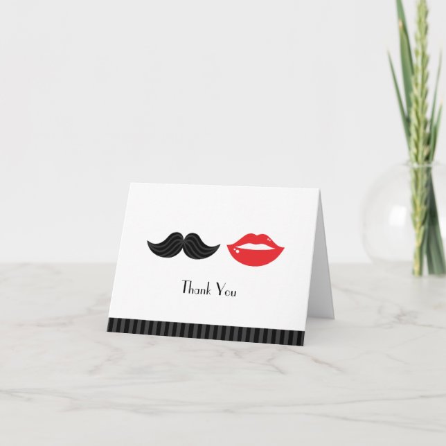 Carte De Remerciements Moustache rouge, noir et blanc et Mariage des lèvr (Devant)