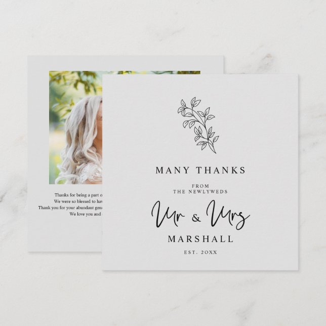 Carte De Remerciements MR & MRS Wedding Black Fancy Minimalist Branches  (Devant / Derrière)