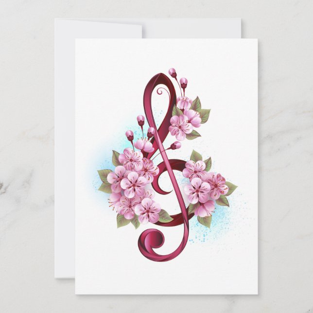 Carte De Remerciements Musical treble clef notes with sakura flowers (Devant)