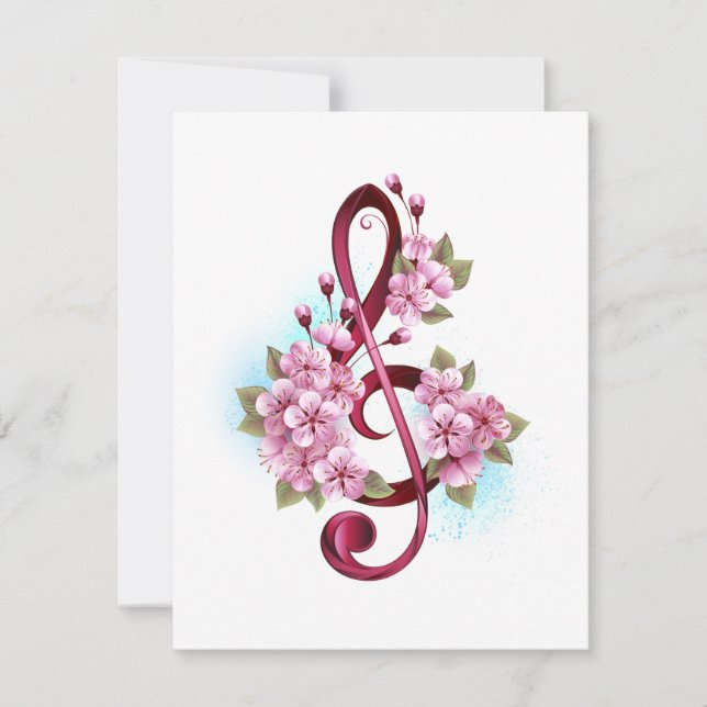 Carte De Remerciements Musical treble clef notes with sakura flowers (Devant)