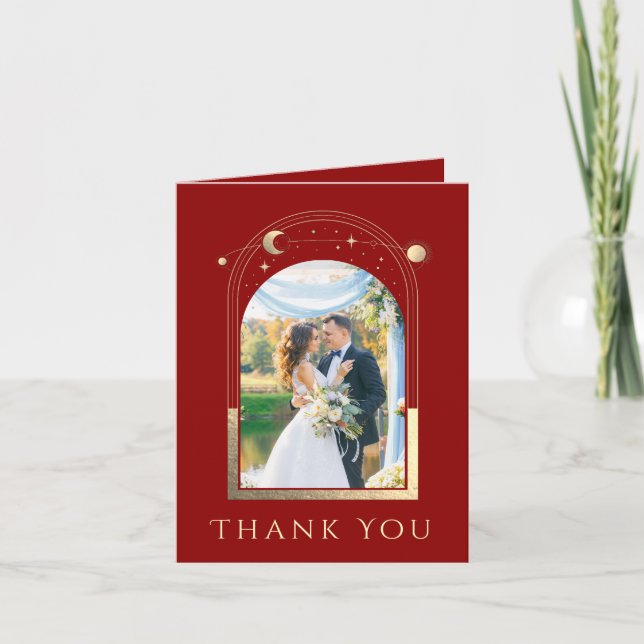 Carte De Remerciements Mystical Dark Red Gold Photo Mariage céleste (Devant)