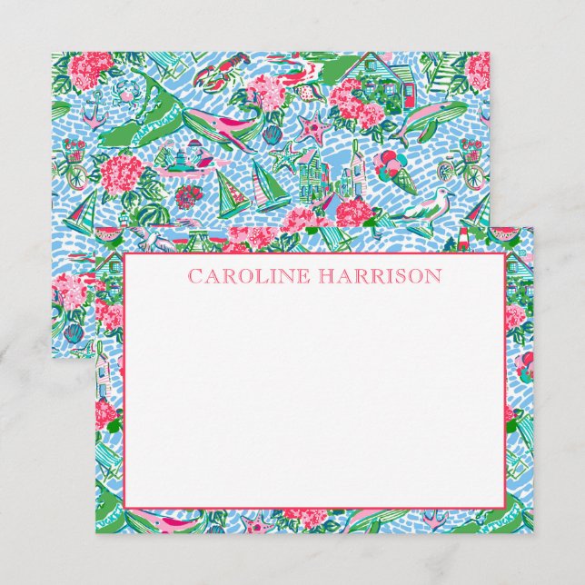Carte De Remerciements Nantucket Preppy Palm Beach Motif Monogrammé (Devant / Derrière)