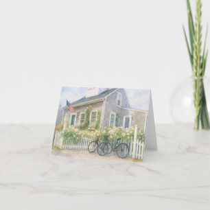 Carte De Remerciements Nantucket Watercolor Cottage côtier avec fleurs