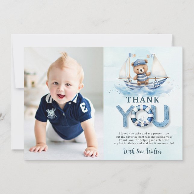 Carte De Remerciements Nautical Blue Boat Teddy Bear Garçon Anniversaire  (Devant)