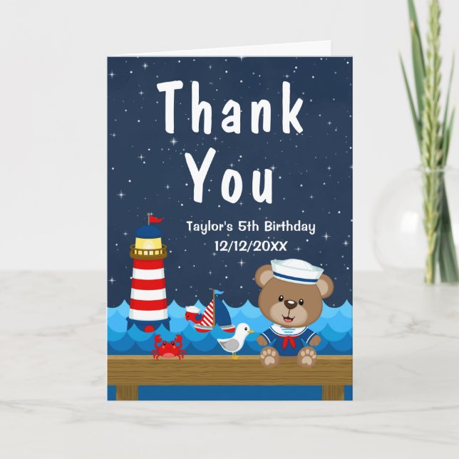 Carte De Remerciements Nautical Boy Bear Rouge et Marine Anniversaire Par (Devant)