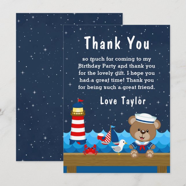 Carte De Remerciements Nautical Boy Bear Rouge et Marine Anniversaire Par (Devant / Derrière)