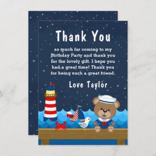 Carte De Remerciements Nautical Boy Bear Rouge et Marine Anniversaire Par