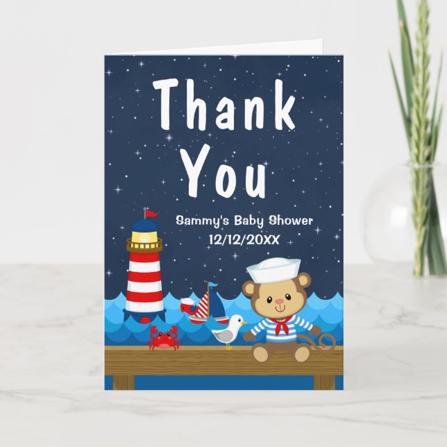 Carte De Remerciements Nautical Boy Monkey Rouge et Baby shower de marine (Devant)