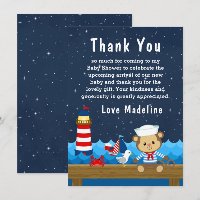Carte De Remerciements Nautical Boy Monkey Rouge et Baby shower de marine (Devant / Derrière)