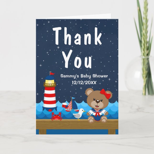 Carte De Remerciements Nautical Girl Bear Baby shower rouge et marine (Devant)
