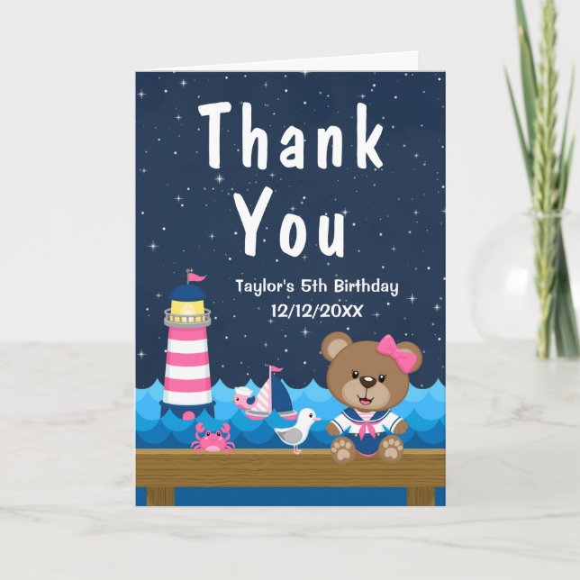 Carte De Remerciements Nautical Girl Bear rose et la marine fête d'annive (Devant)