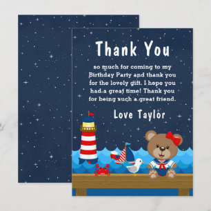 Carte De Remerciements Nautical Girl Bear Rouge et la Marine fête d'anniv