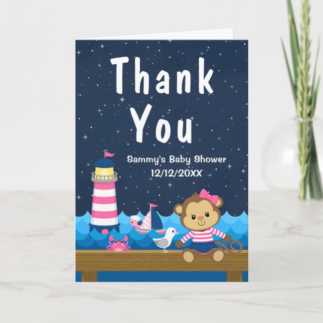 Carte De Remerciements Nautical Girl Singe rose et Baby shower de marine (Devant)