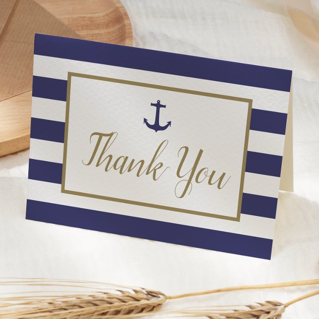 Carte De Remerciements Nautical Navy Blue Stripes Anchor Gold Script (Créateur téléchargé)