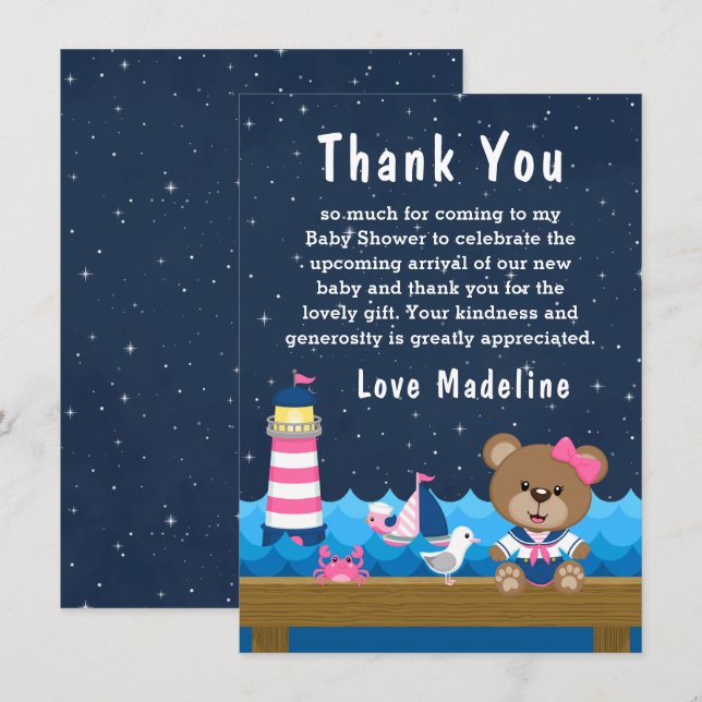 Carte De Remerciements Nautique ours rose et Baby shower de marine (Devant / Derrière)
