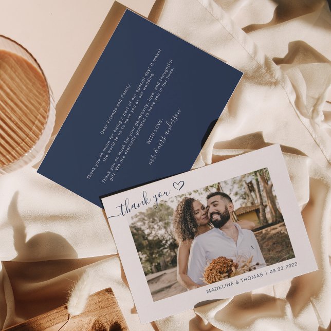 Carte De Remerciements Navy Blue Boho Simple Photo Heart Script Mariage (Créateur téléchargé)