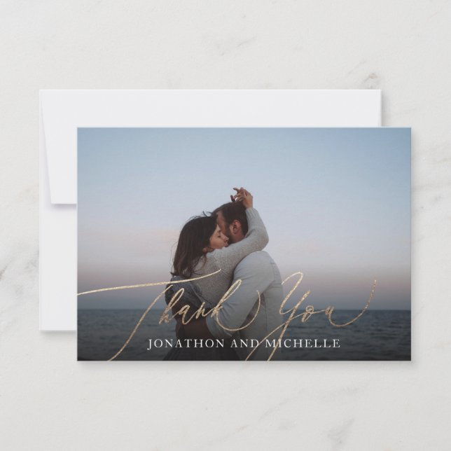 Carte De Remerciements Navy Blue Elegant Gold Calligraphy Wedding Photo (Devant)