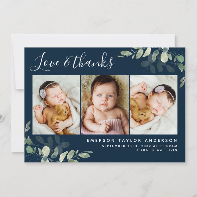 Carte De Remerciements Navy Blue Eucalyptus 3 Photo Bébé statistiques de  (Devant)