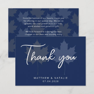 Carte De Remerciements Navy Blue Gold Maple Leaf Élégant Mariage Bohème