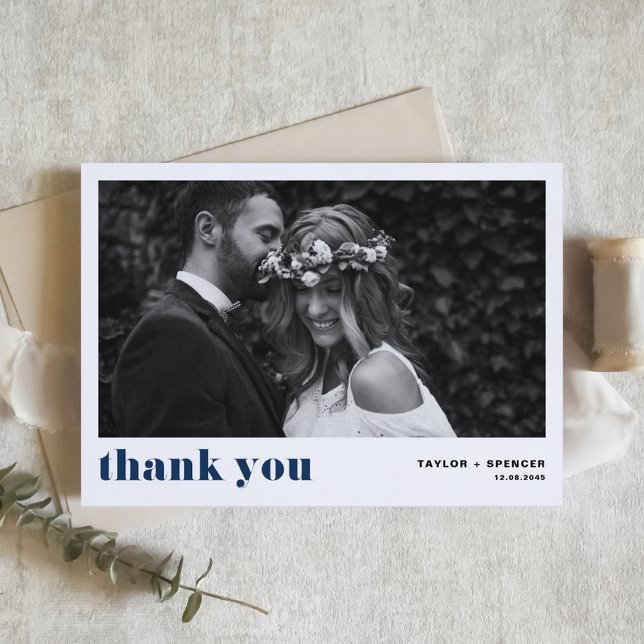 Carte De Remerciements Navy Blue Retro Bold Typographie Mariage photo (Créateur téléchargé)