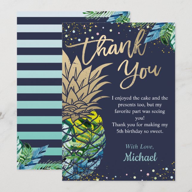 Carte De Remerciements Navy Blue Tropical Luau Pineappal Beach Party (Devant / Derrière)