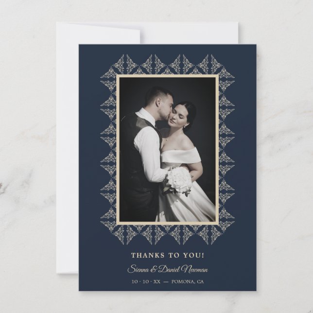 Carte De Remerciements Navy Chic Wedding Flourish Lace Framed Photo (Devant)