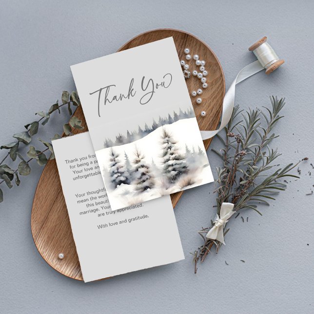 Carte De Remerciements Neige amoureuse douches nuptiales de la pinède d'h (Snow in love winter pine forest bridal shower thank you card dusty sage green pastel grey watercolor)