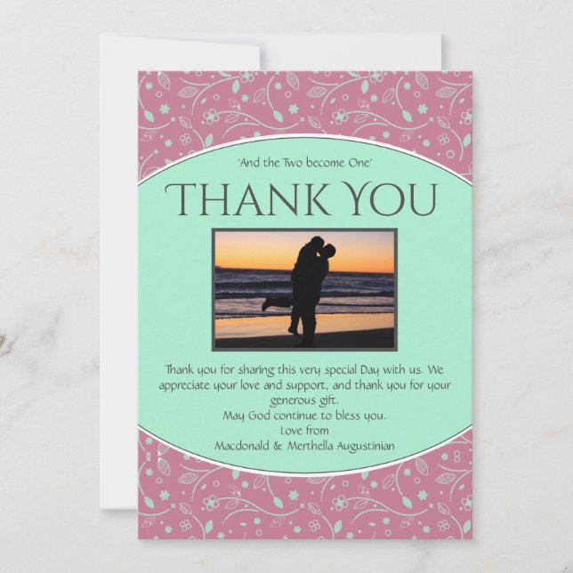 Carte De Remerciements NEO MINT DUSKY PINK Photo personnalisée Floral mod (Devant)