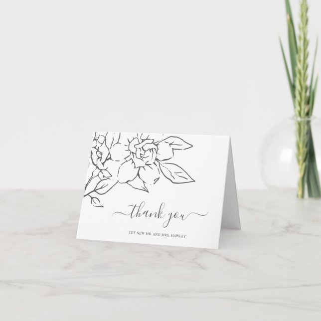 Carte De Remerciements Neutral Line Art Floral Mariage élégant (Devant)
